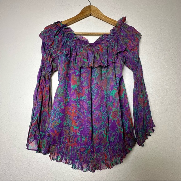 Ramy Brook 100% Viscose Floral Multicolor with Ruffles and Bell Sleeves Blouse - Picture 3 of 12